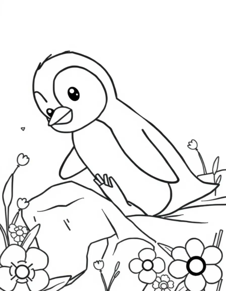 baby penguin sliding past ice flowers coloring page