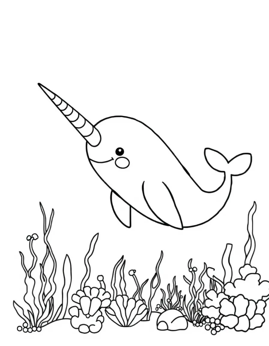 adorable narwhal using horn to tend underwater garden coloring page