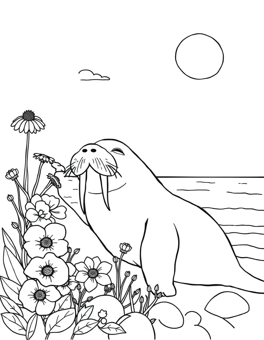 sleepy walrus sunbathing near seaside flowers coloring page