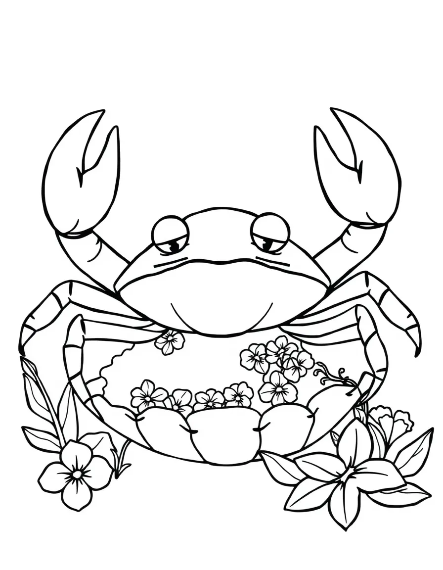 playful crab decorating shell with beach morning glories coloring page