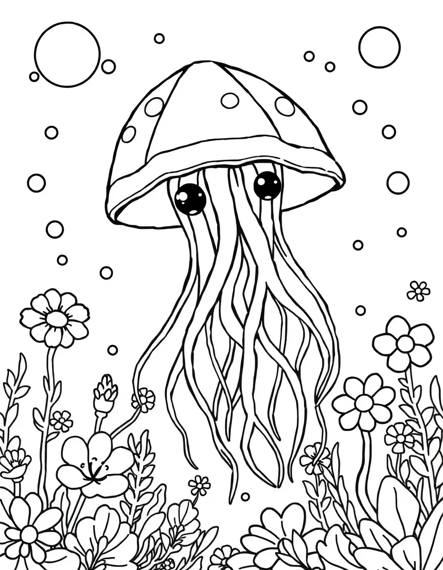 cute jellyfish floating through sea of underwater blooms coloring page