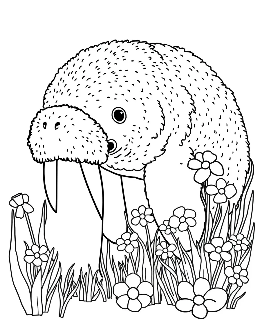 fluffy manatee grazing on sea grass flowers coloring page