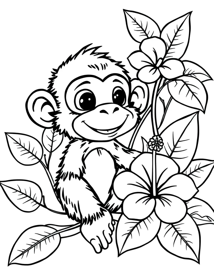 adorable cartoon monkey with tropical hibiscus coloring page