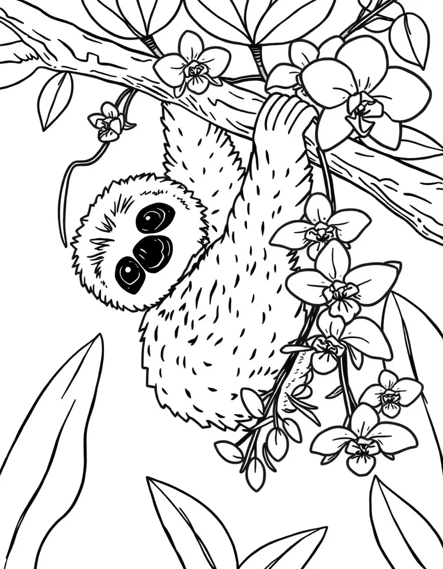 fluffy sloth hanging from branch with hanging orchids coloring page