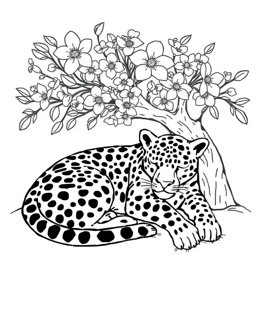 sleepy jaguar resting under flowering cecropia tree coloring page