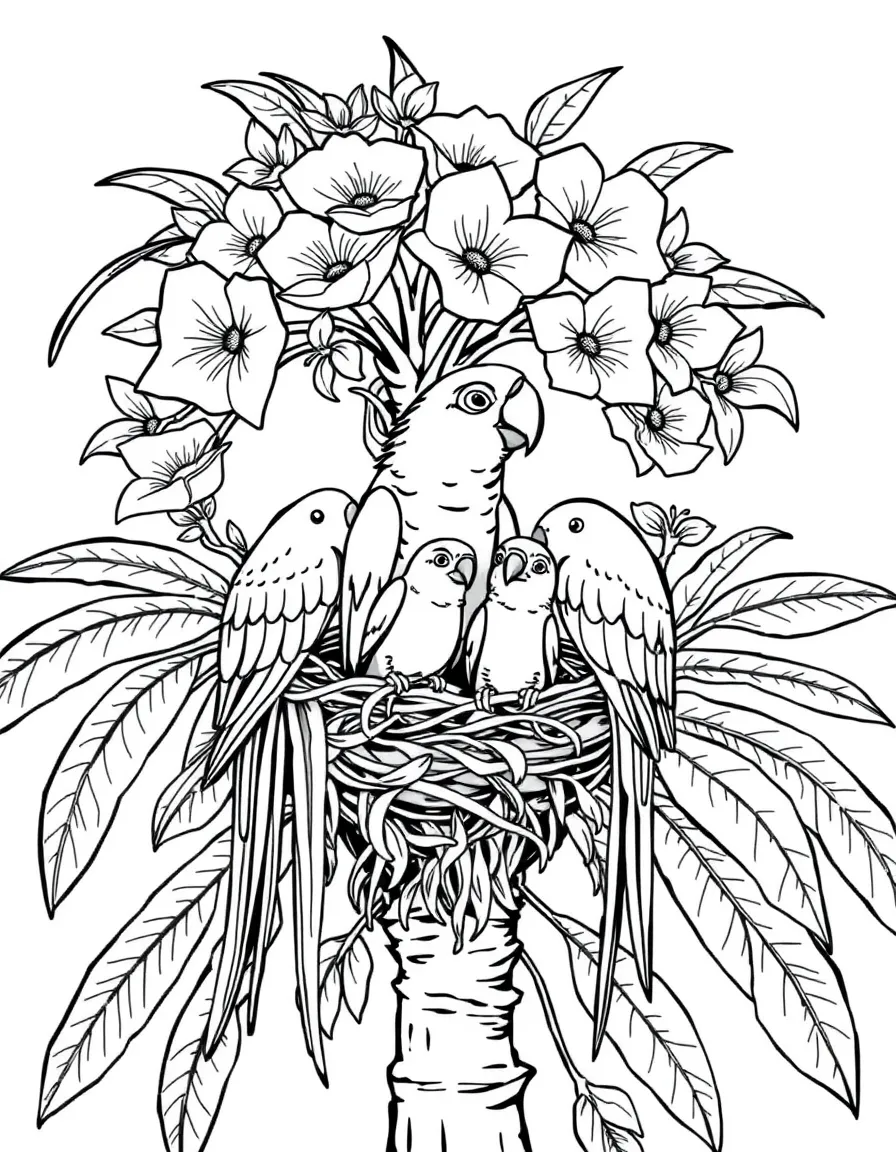 cute parrot family nesting in flowering kapok tree coloring page