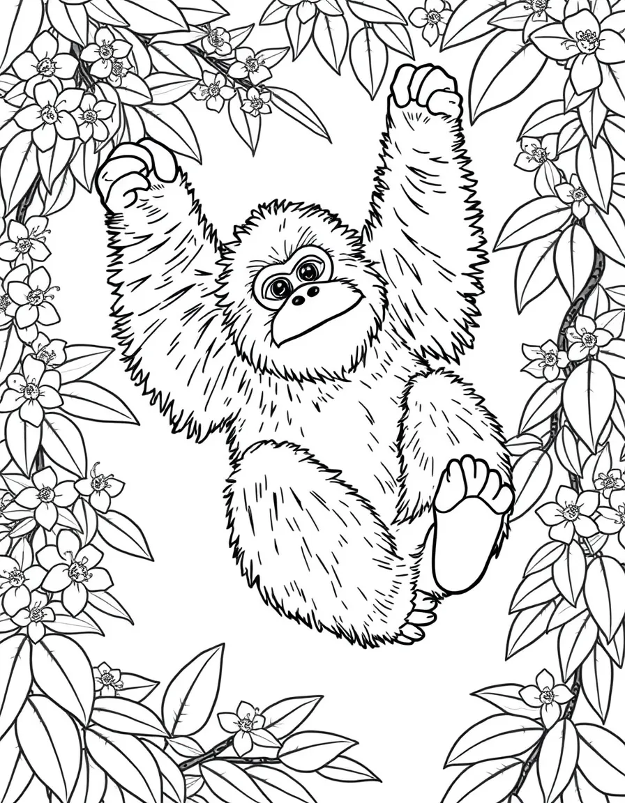 fluffy orangutan swinging through flowering vines coloring page