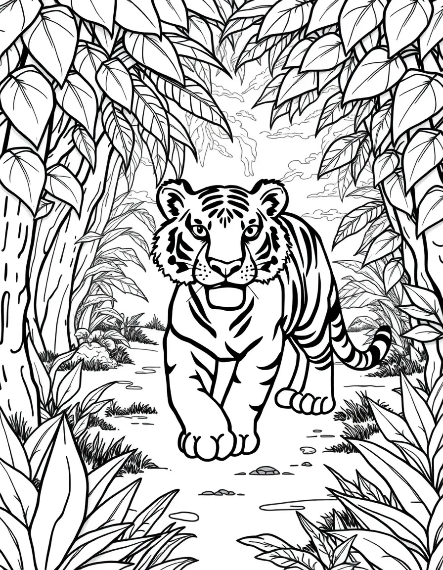 cartoon tiger walking through jungle clearing with wild ginger coloring page
