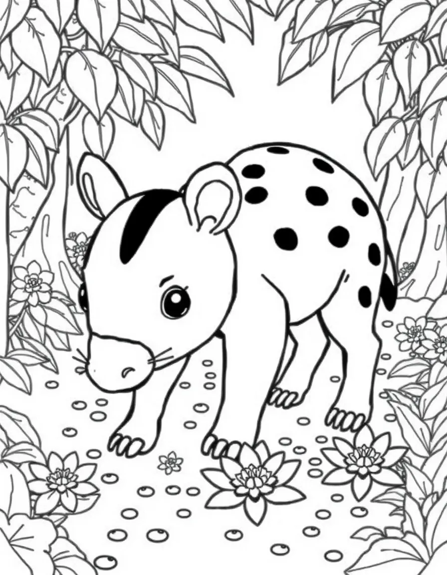 baby tapir exploring forest floor dotted with passion flowers coloring page