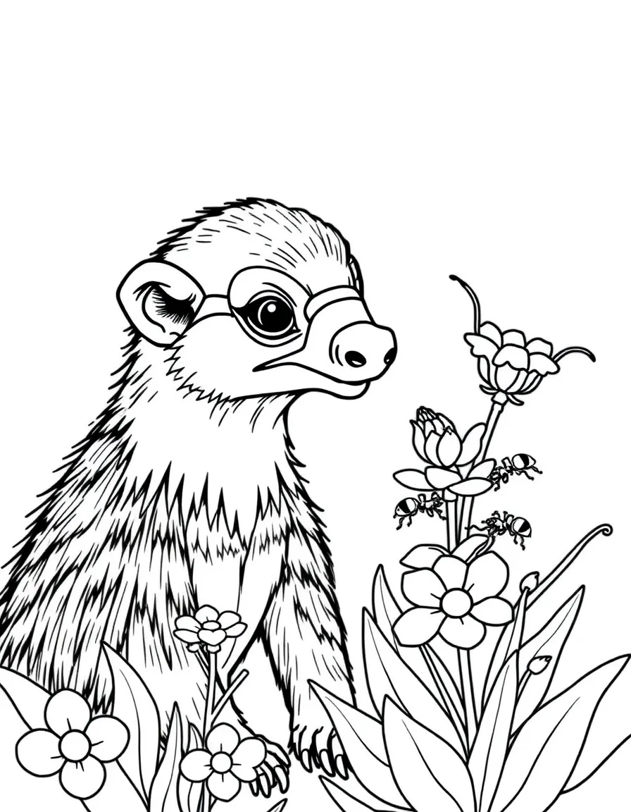 adorable anteater sniffing around flowering ant plants coloring page