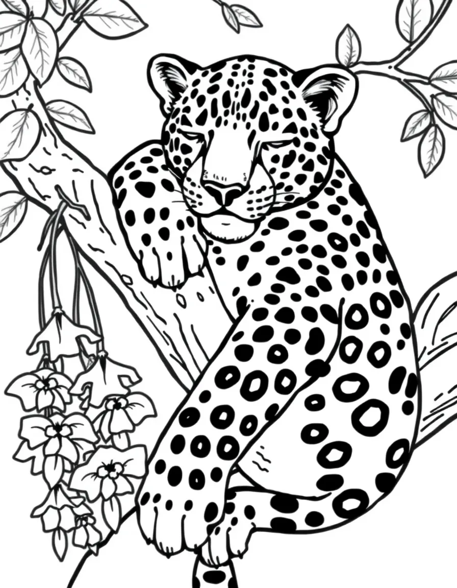 sleepy leopard lounging on branch with hanging flower clusters coloring page