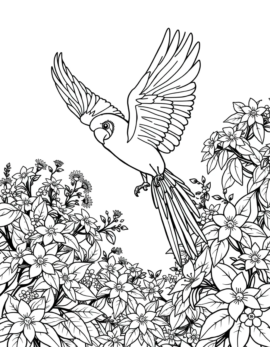 playful macaw flying over canopy of flowering trees coloring page