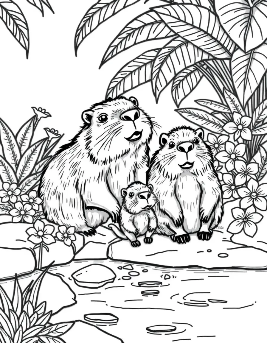 cute capybara family relaxing near stream with tropical flowers coloring page