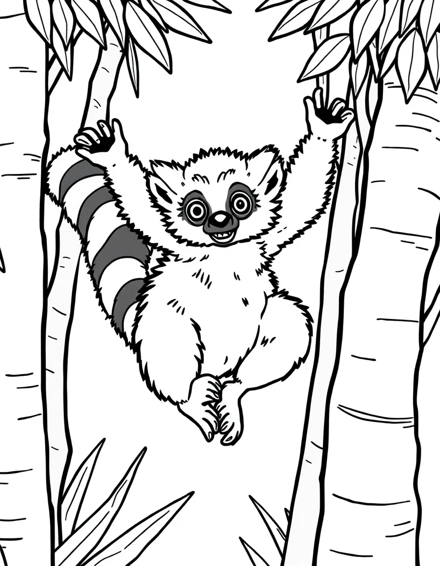 fluffy lemur leaping between trees with Madagascar periwinkle coloring page