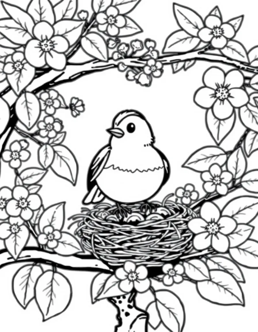adorable cartoon robin with nest in flowering dogwood coloring page