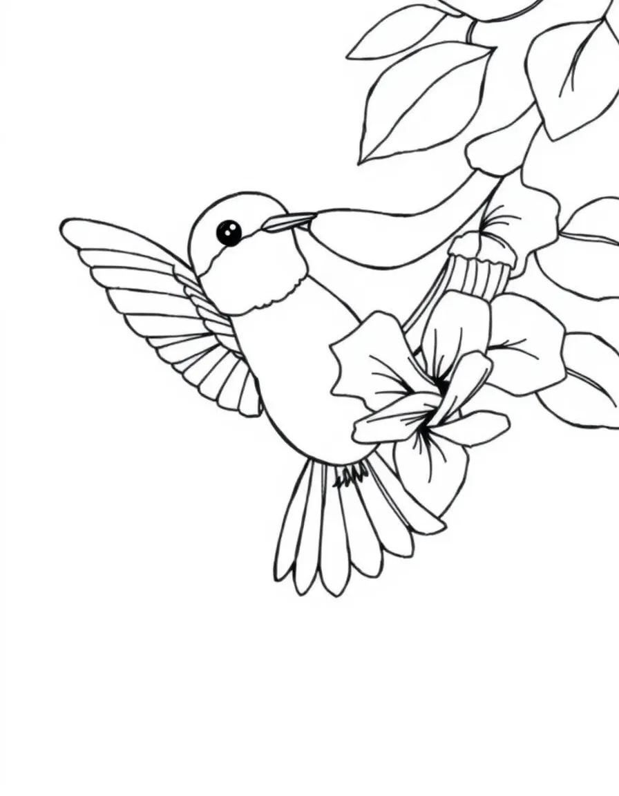 cute hummingbird sipping nectar from trumpet vine coloring page