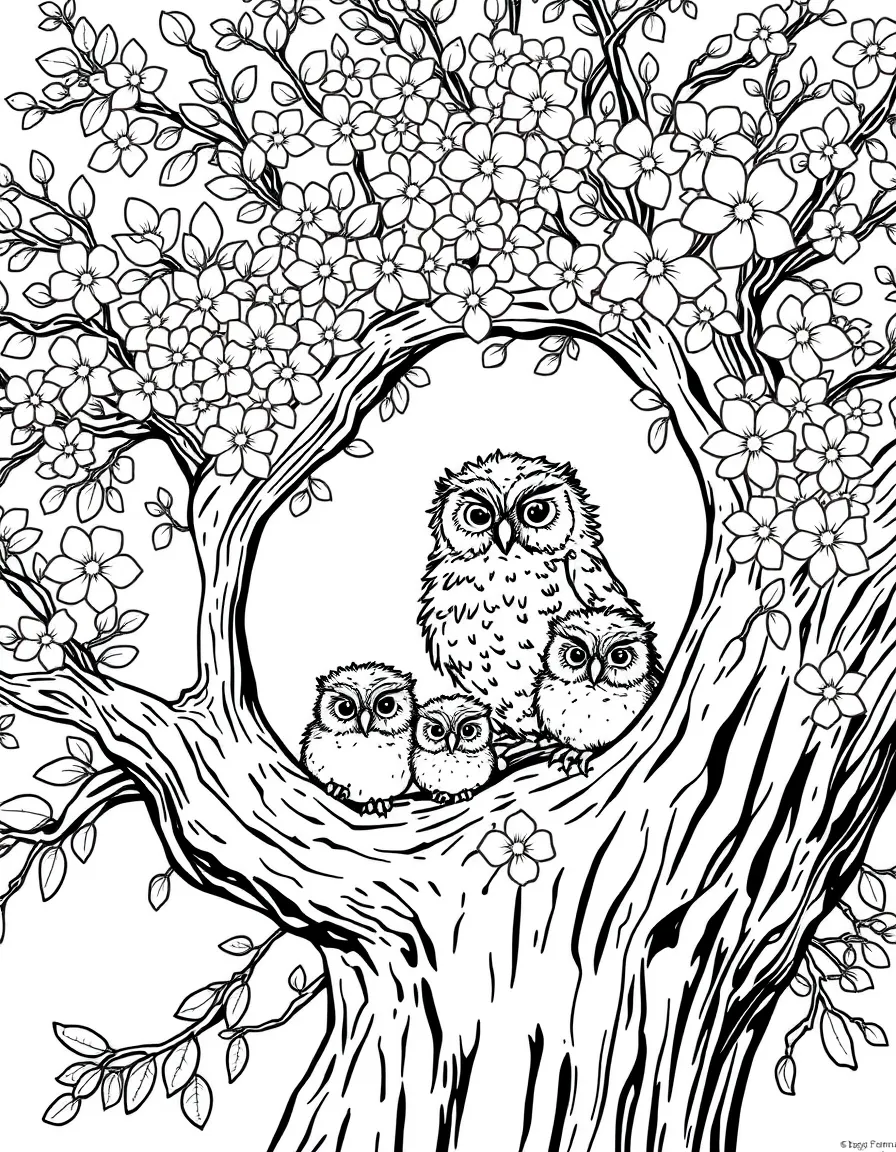 fluffy owl family in hollow of flowering oak tree coloring page