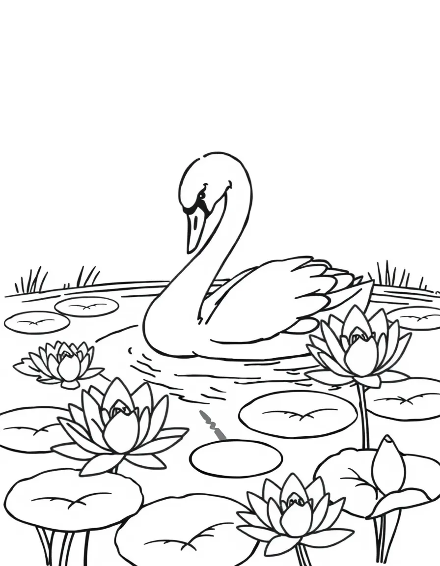 sleepy swan gliding through pond with water lilies coloring page