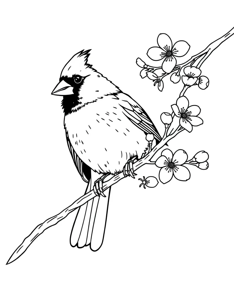 playful cardinal perched on branch with cherry blossoms coloring page