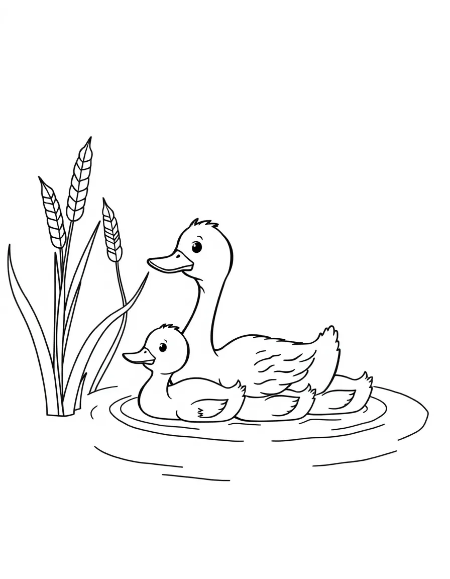 adorable duck family swimming near cattail flowers coloring page