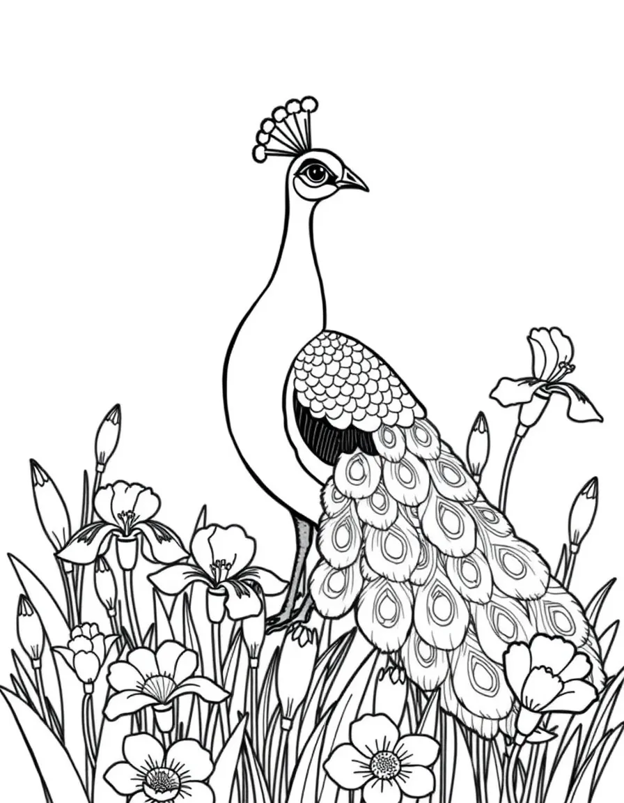 cute peacock displaying among field of iris flowers coloring page