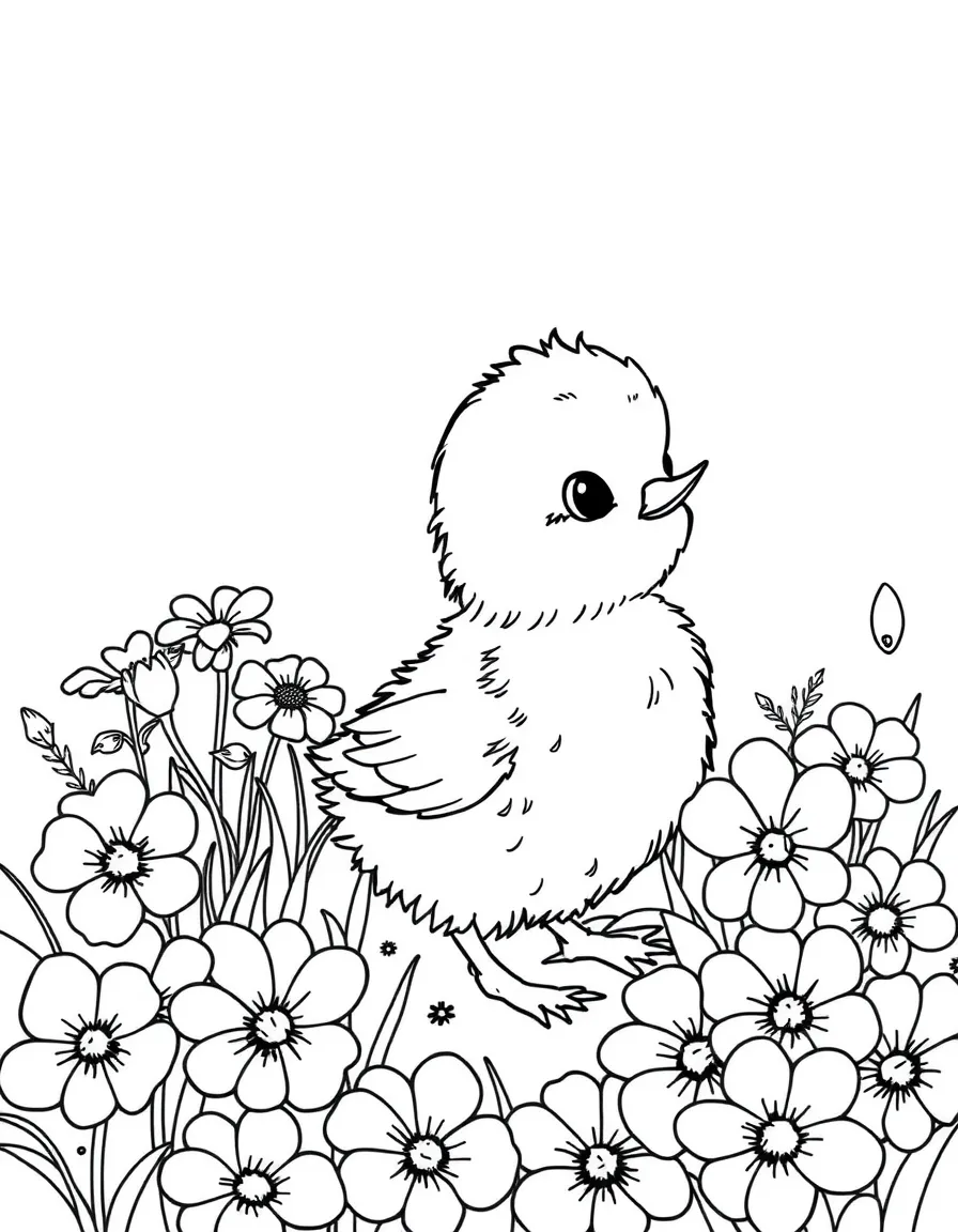 fluffy chick following mother through garden of pansies coloring page