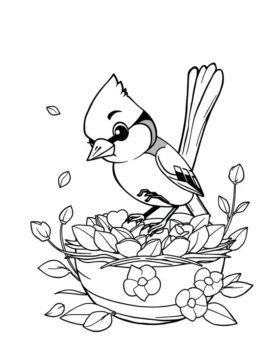 cartoon blue jay collecting flower petals for nest coloring page