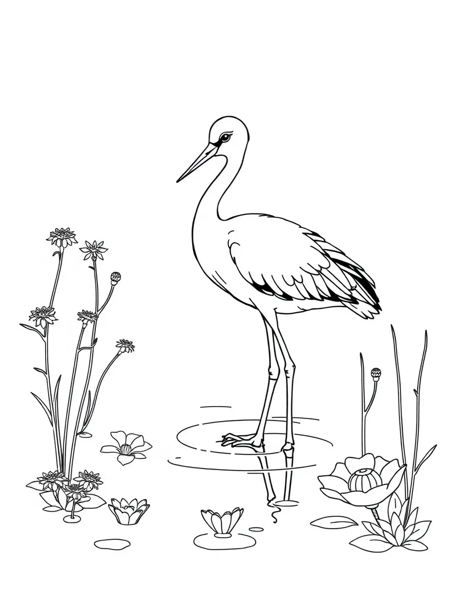 baby crane wading through marsh with pickleweed flowers coloring page
