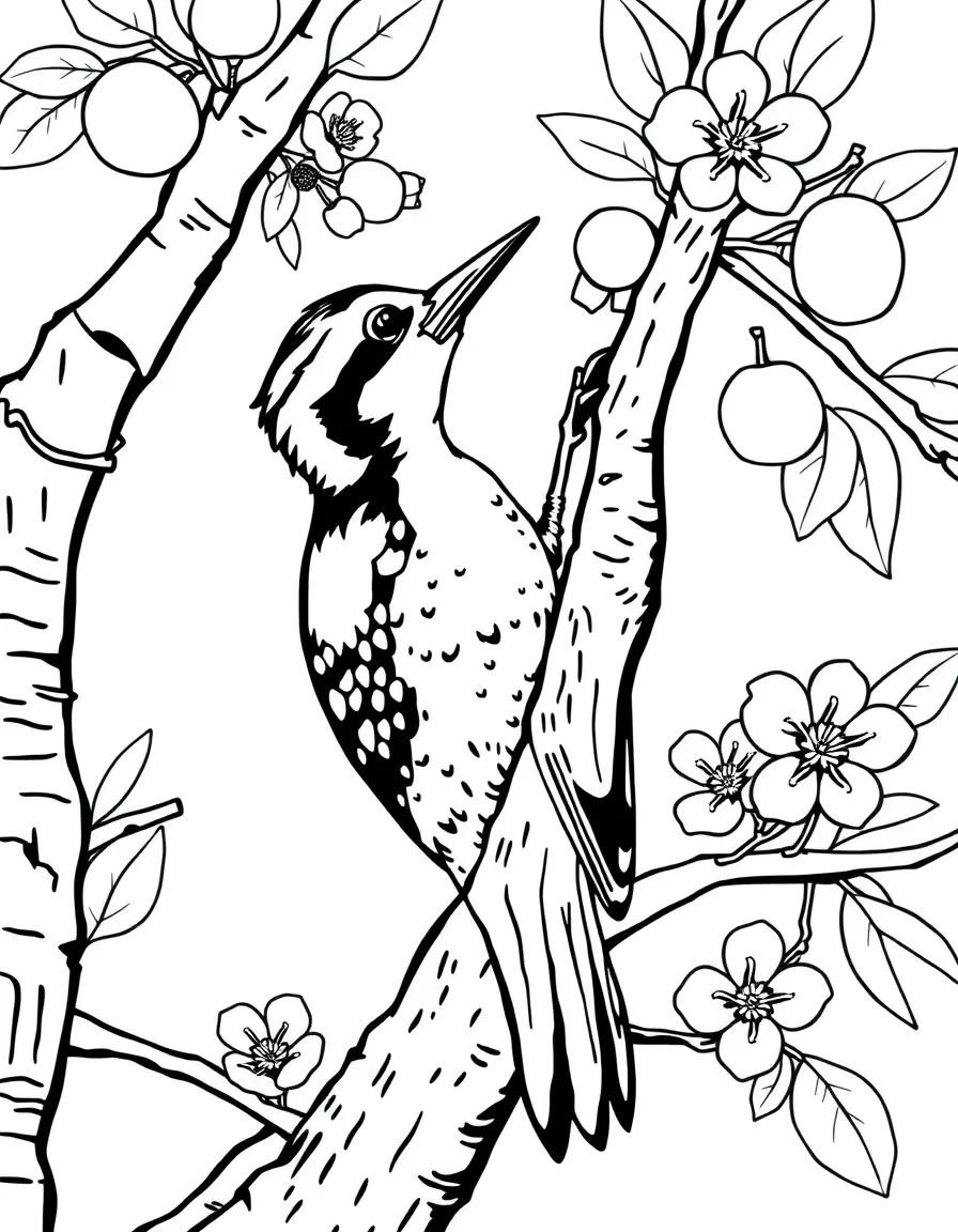 adorable woodpecker tapping on tree with apple blossoms coloring page