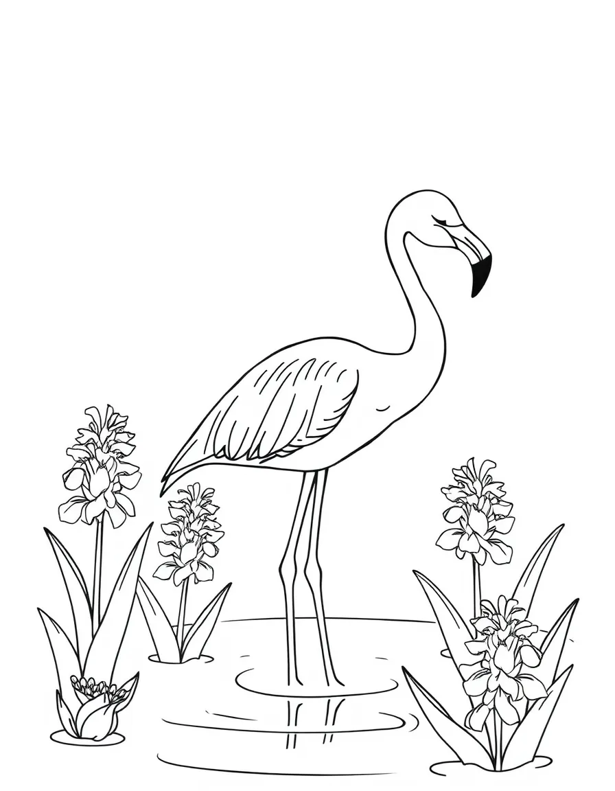 sleepy flamingo standing in lagoon with water hyacinth coloring page