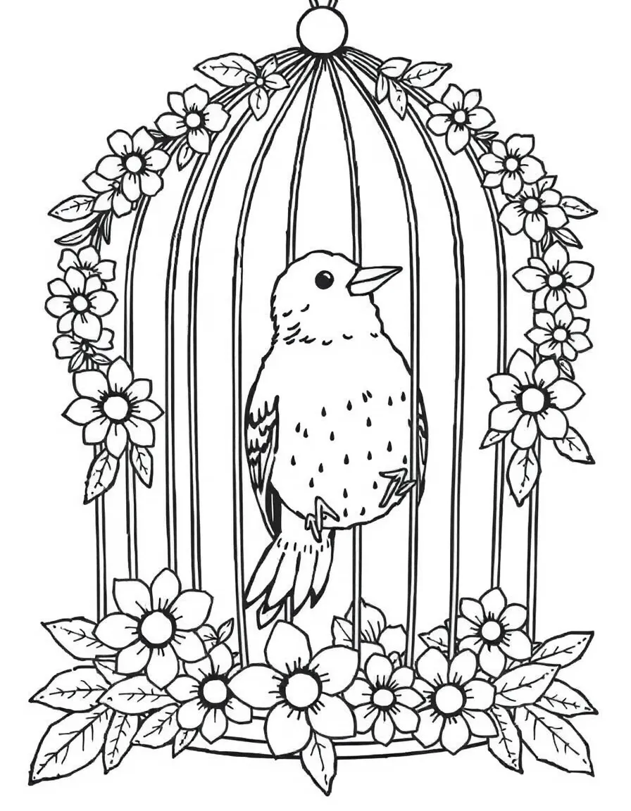 playful canary singing in cage decorated with flower garlands coloring page