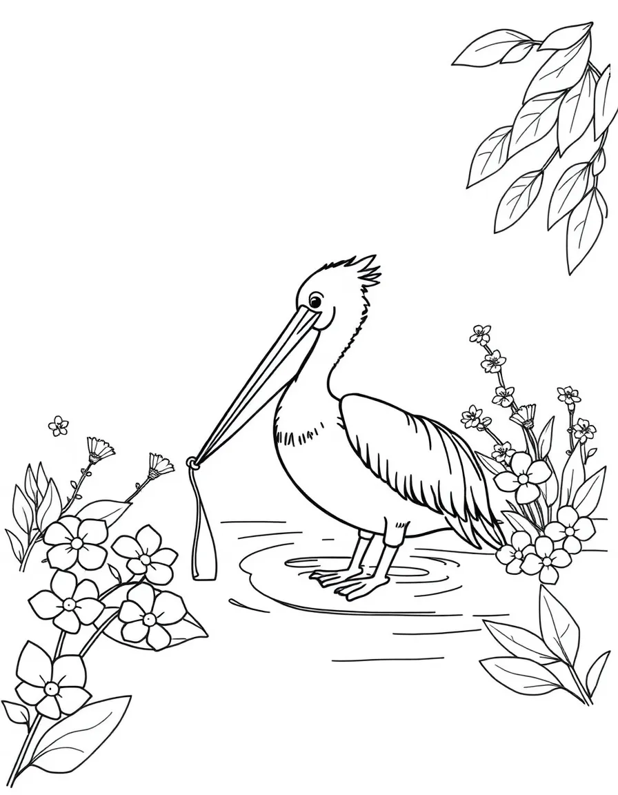 cute pelican fishing near mangrove flowers coloring page