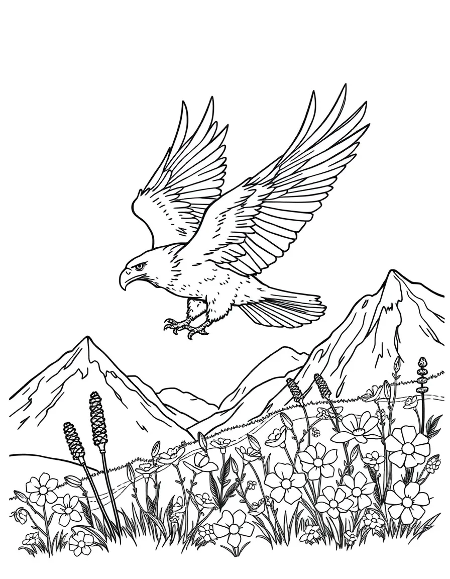 fluffy eagle soaring over mountain meadow in bloom coloring page
