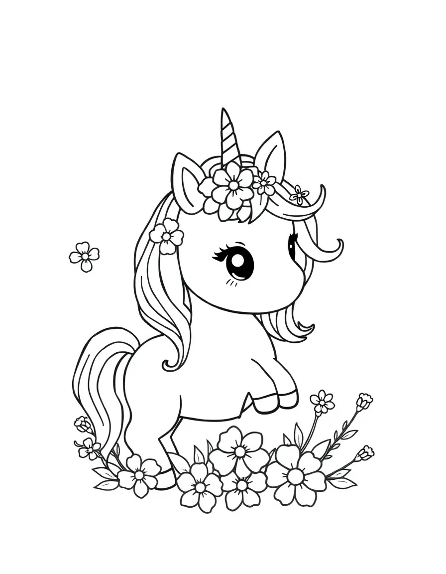 adorable cartoon unicorn with rainbow flowers coloring page