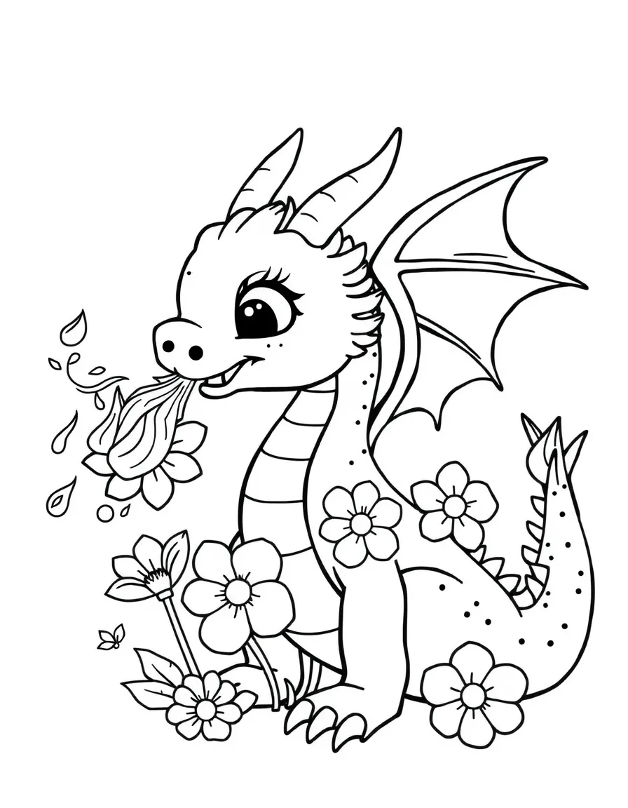 cute dragon breathing flowers instead of fire coloring page