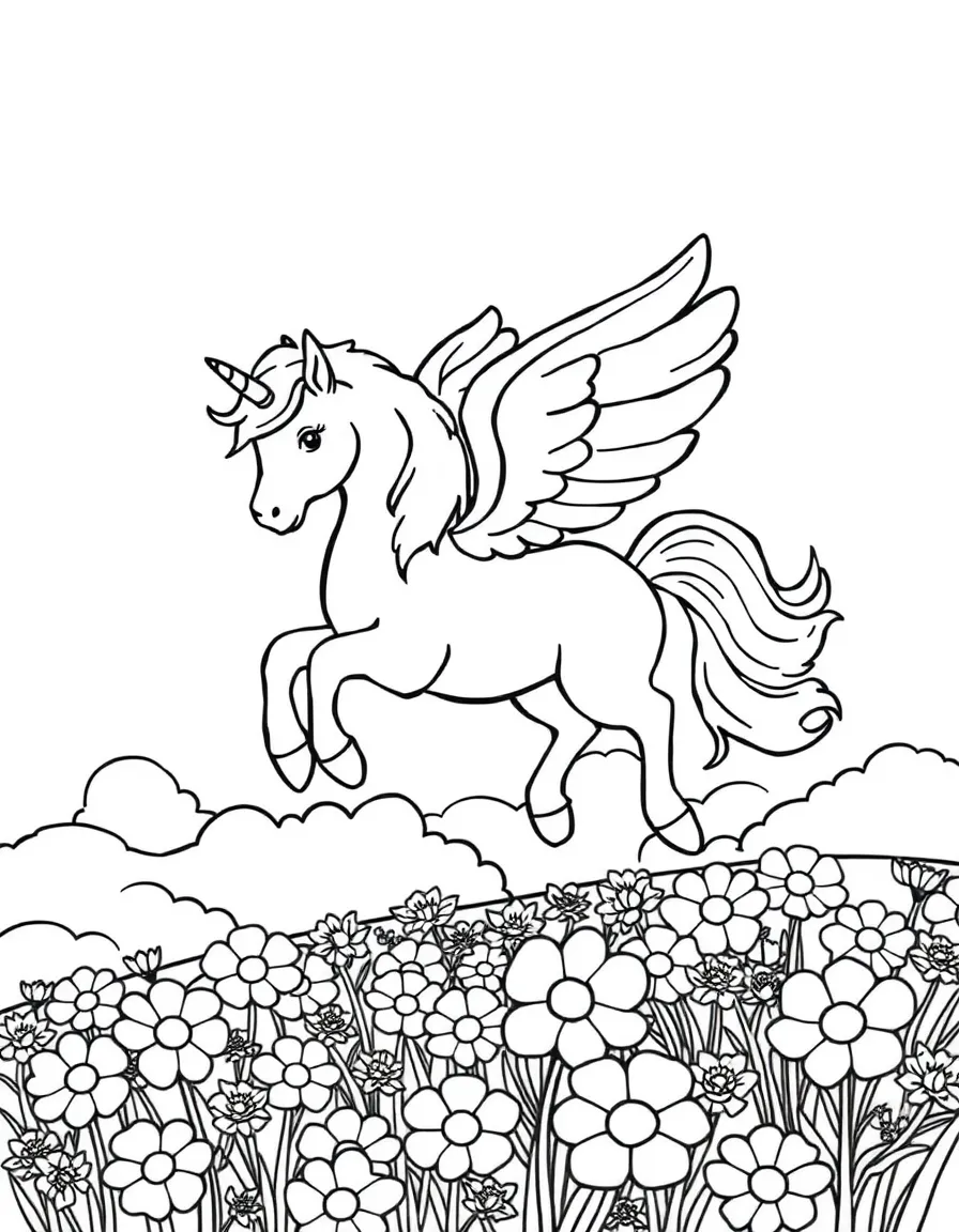 fluffy pegasus flying over field of cloud-shaped flowers coloring page