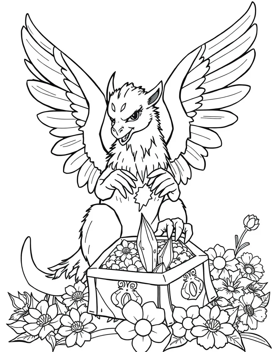 playful griffin guarding treasure of crystalline flowers coloring page