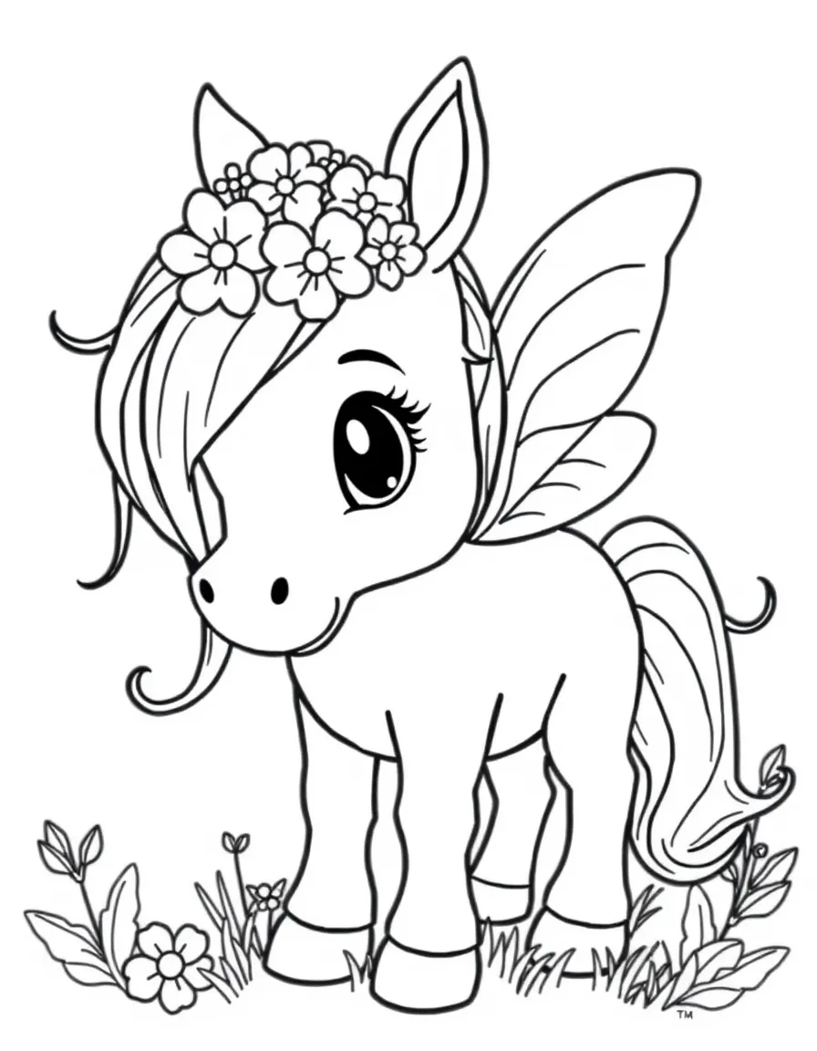 adorable fairy horse with wings and flower mane coloring page