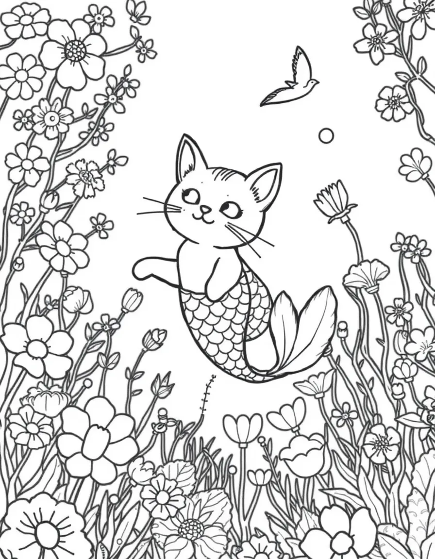 cute mermaid cat swimming through underwater flower garden coloring page