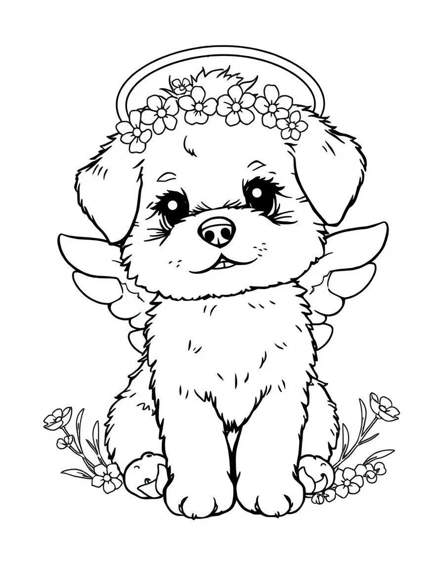 fluffy angel puppy with halo of tiny flowers coloring page
