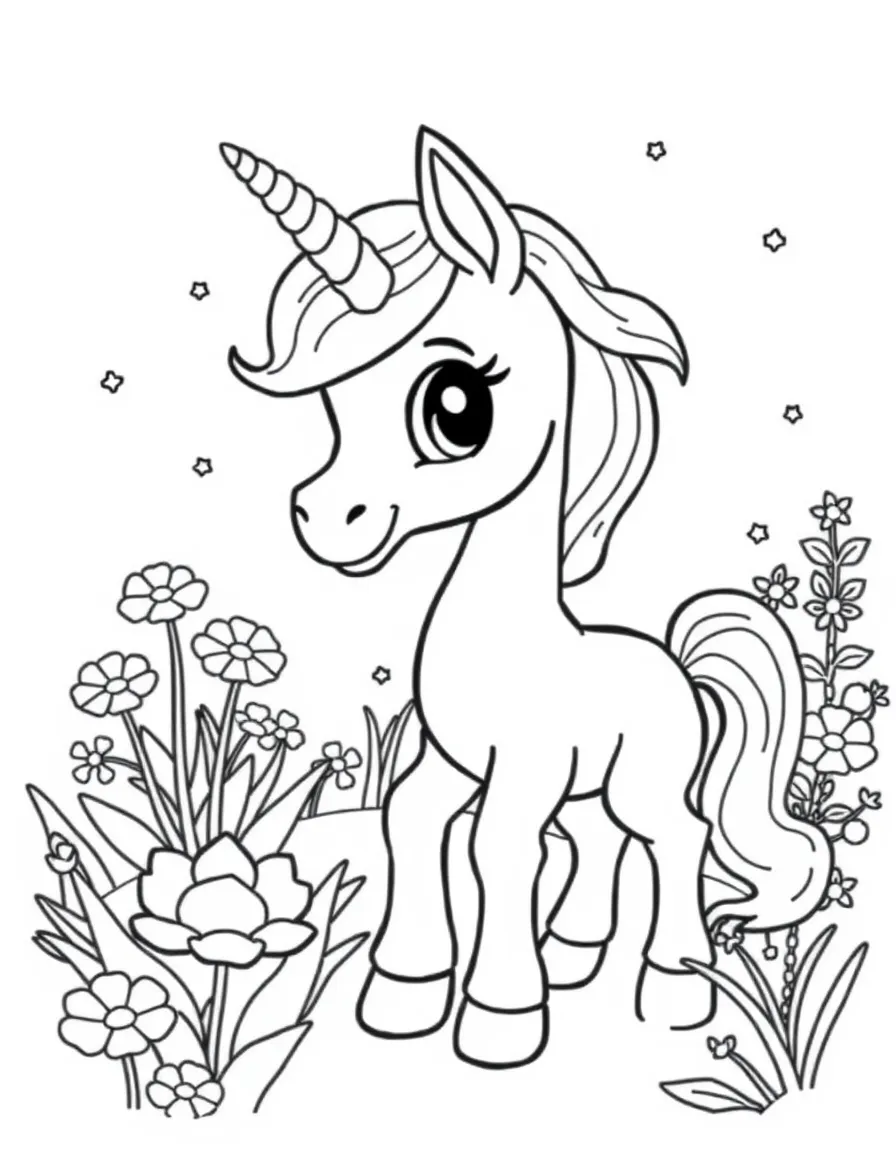 cartoon centaur foal learning to tend magical flower garden coloring page