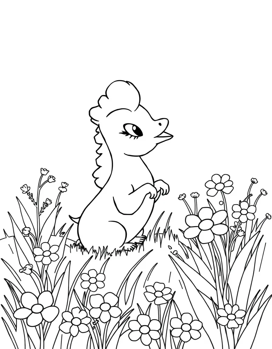 baby hippogriff playing in meadow of singing flowers coloring page