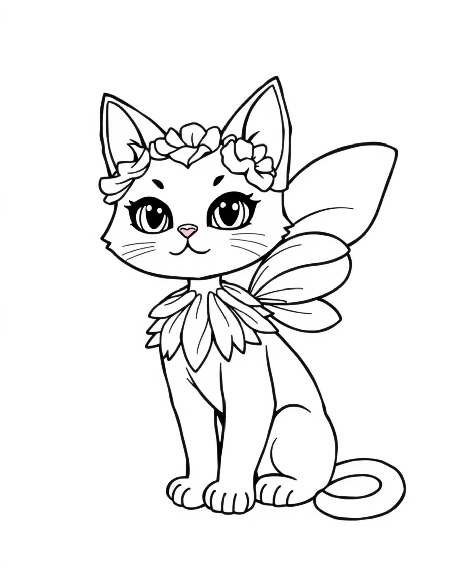adorable flower fairy cat with petal wings coloring page