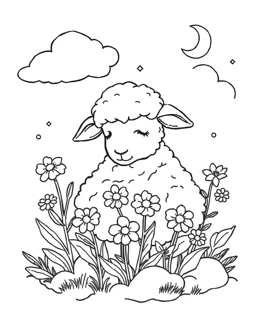 sleepy dream sheep creating flowers from cloud wool coloring page
