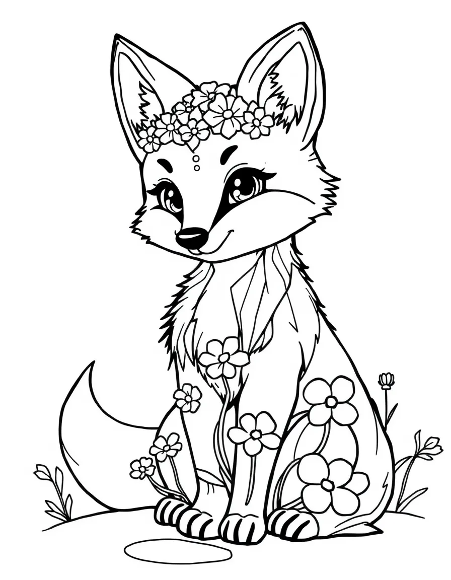 cute crystal fox with flowers growing from its fur coloring page