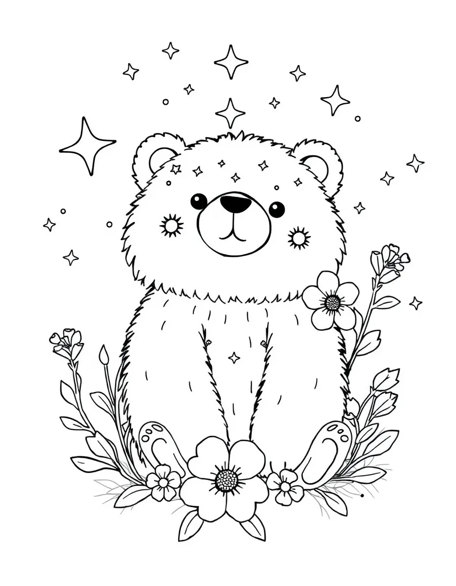 fluffy star bear constellation with cosmic flowers coloring page