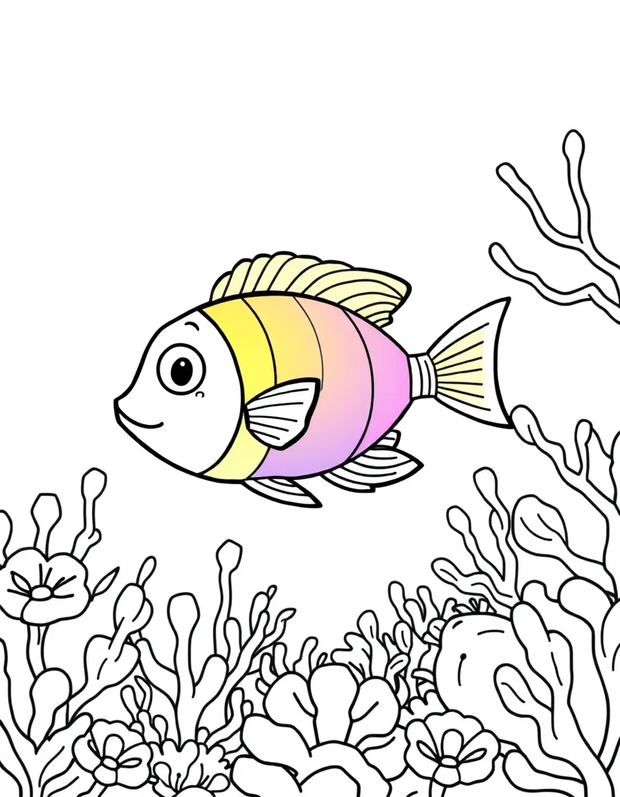 cartoon rainbow fish swimming through coral flower reef coloring page