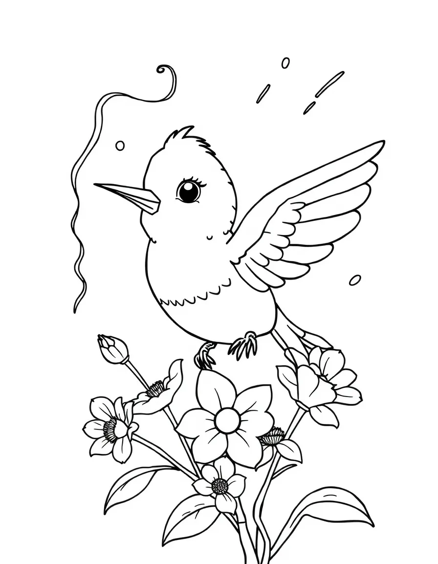 baby thunder bird with flowers that bloom during storms coloring page