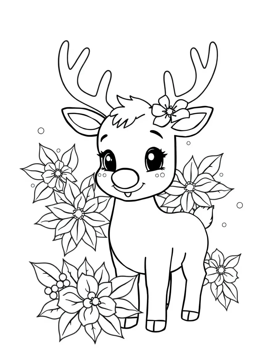 adorable cartoon reindeer with Christmas poinsettia coloring page