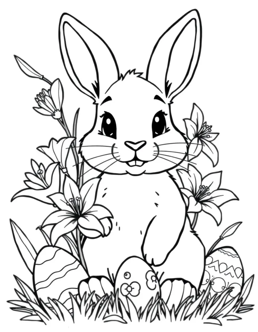 cute bunny with Easter lilies and decorated eggs coloring page